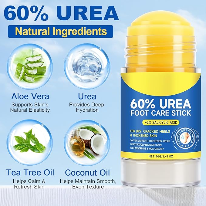 60% Urea Foot Care Stick with 2% Salicylic Acid, Foot Cream Moisturizer for Dry Cracked Feet, Knees, Elbows, Hands,Exfoliating Moisturizer, Dead Skin Remover Foot Balm 1.4oz
