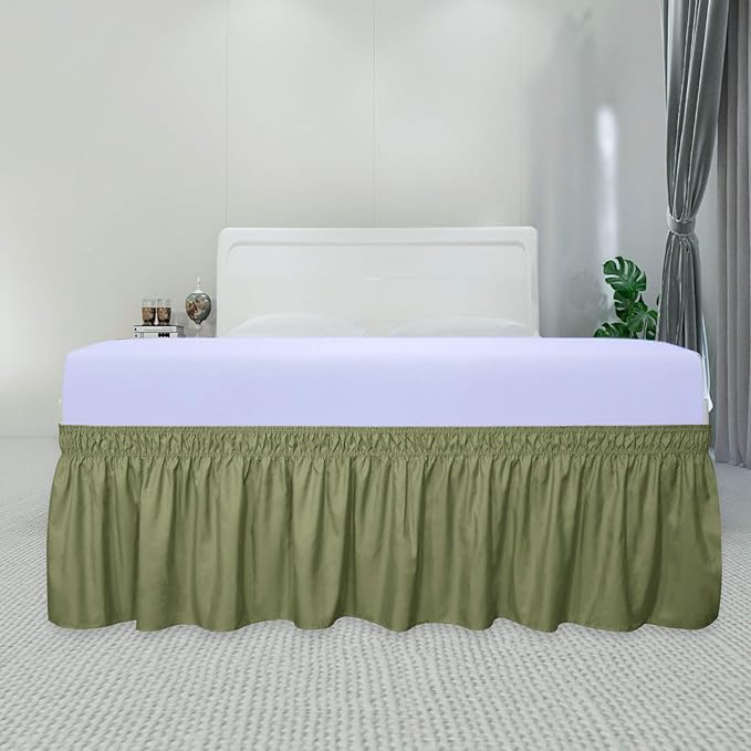 PureFit Wrap Around Ruffled Bed Skirt with Adjustable Elastic Belt - 22 Inch Drop Easy to Put On, Wrinkle Free Bedskirt Dust Ruffles, Bed Frame Cover for Queen, King and C-King Size Beds, Light Green