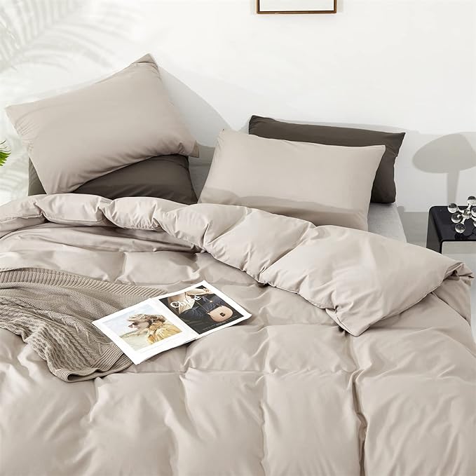 KAREVER Beige Khaki Comforter Set Queen Size Cream Khaki Bedding Set Women 3 Pieces Champagne Queen Taupe Bed Blanket Set All Season Gift