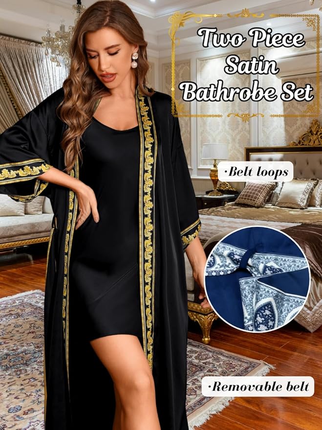 Satin Robe Sets For Women, 2-PC Lightweight Bathrobe, Silk Sleepwear Kimono Bridesmaid Sexy Robes