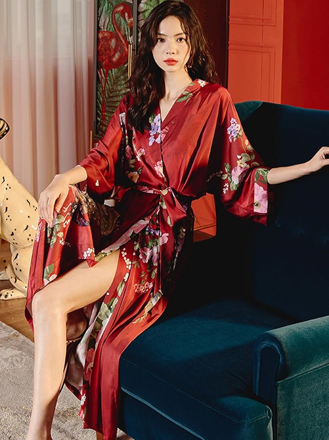 Silk Satin Robe for Women Long Japanese Kimono Robe Lightweight Soft Bathrobe Floral Luxury Dressing Gown