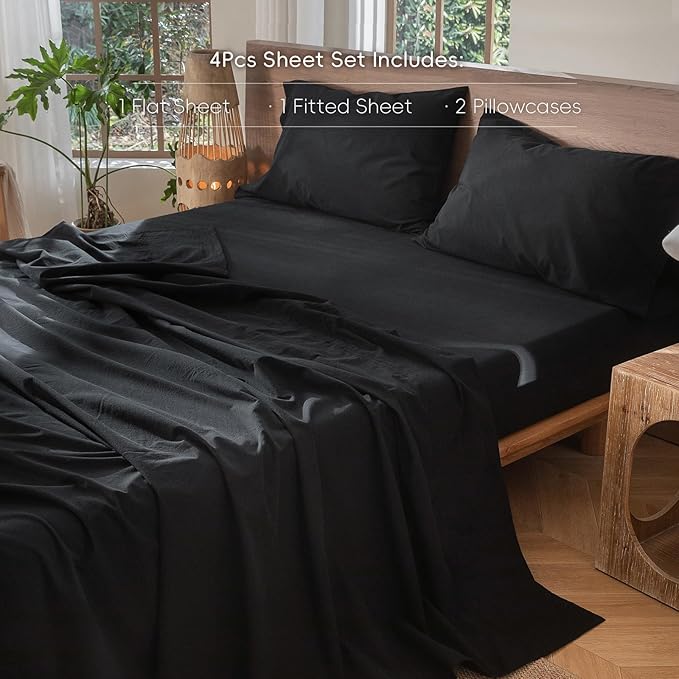 MooMee Bedding Sheet Set 100% Washed Cotton Linen Like Textured Breathable Durable Soft Comfy (Solid Black, Queen)