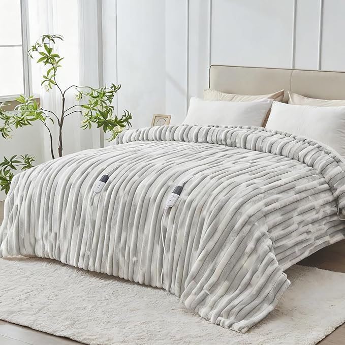 Heated Blanket Queen - 84"x90" Dual Control Bed Electric Blankets with 6 Heating Levels & 10 Hours Auto Off, Soft Ribbed Faux Fur Sherpa, Over-Heated Protection ETL, Light Gray