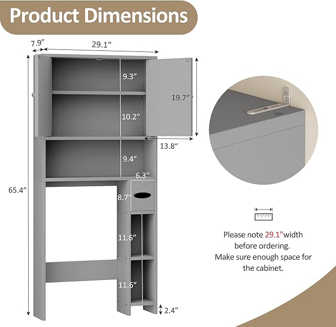 Meilocar Farmhouse Storage Cabinet Over Toilet with Toilet Paper Holder Stand, Freestanding Bathroom Storage Organizer Cabinet, Grey