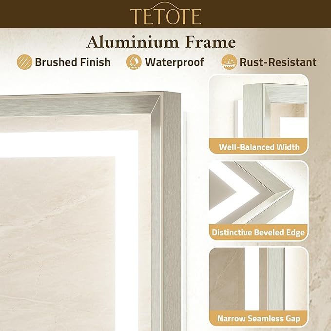 TETOTE 42 x 36 Led Mirror Brushed Nickel Metal Frame Frontlit & Backlit Vanity Mirror Anti-Fog Stepless Dimmable 3 Colors White/Warm/Natural Wall Mirror with Lights Wall-Mounted