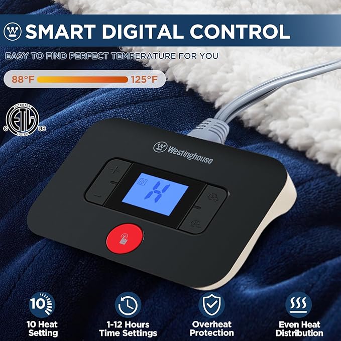 Westinghouse Electric Blanket Full, Heated Blanket Full Size with 10 Heating Levels and 1 to 12 Hours Heating Time Settings, Flannel to Sherpa Reversible, Machine Washable (80" x 84", Navy)