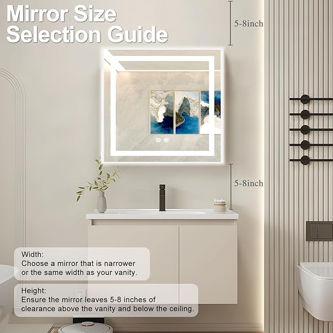 28 X 28 Inch Square LED Bathroom Vanity Mirror, 3 Colors Light Dimmable, Wall Mounted Memory Lighted Makeup Mirror with Anti-Fog Touch Switch (Front-lit&Backlit)