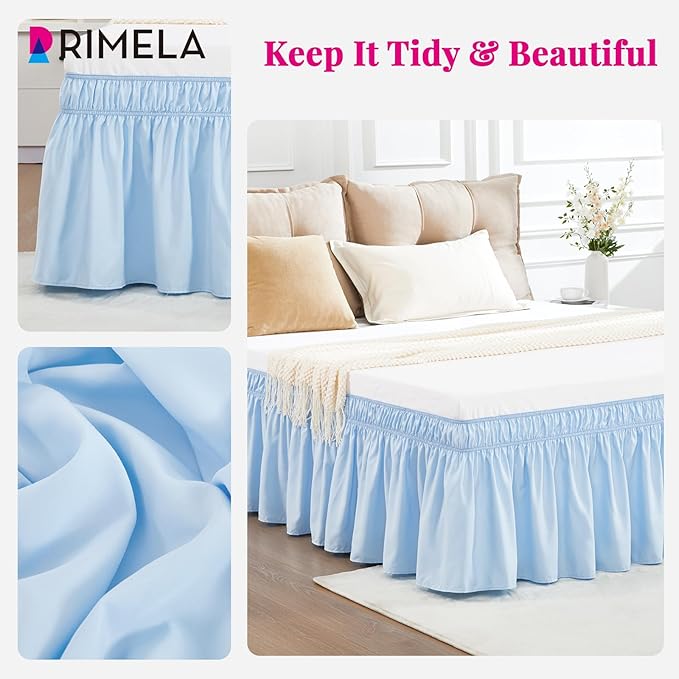RIMELA Light Blue Bed Skirt King Size 15 Inch Drop, Elastic Bed Skirting for Bed Base and Frame, Bedding Dust Ruffle Easy to Install, Lightweight Wrap Around Adjustable Bedskirt