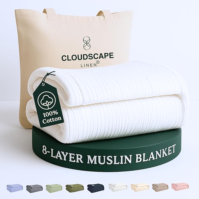 Cloud Scape Linen 8-Layer Muslin Blanket Queen Size - 100% Cotton, Soft and Breathable, Oversized Winter Blanket, Fits up to Full Size Bed, 92x92, White