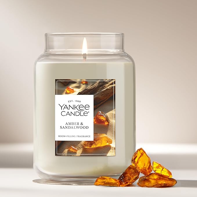 Yankee Candle, Amber & Sandalwood Fall Scented Candle, 22oz Large Jar with up to 150 Hour Burn Time
