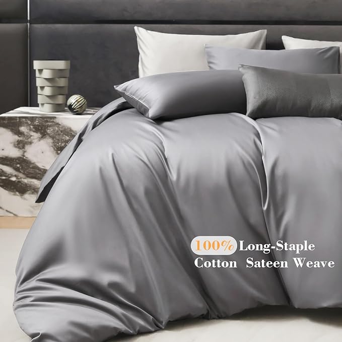 PURE ERA Duvet Cover Set 800 Thread Count Long Staple Cotton Sateen Silky Soft Luxurious Smooth 3 Piece Set Solid Deep Grey King