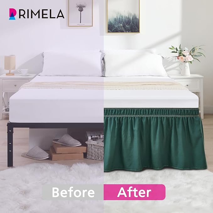 RIMELA Emerald Green Bed Skirt Queen Size 18 Inch Drop, Wrap Around Elastic Bedskirt, Dust Ruffle for Adjustable Bed Base Machine Washable Easy to Install Bed Skirts