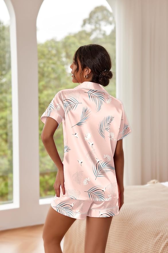 Ekouaer Pajamas for Women Set Silk Satin Pjs Shorts Sleepwear 2 Piece Loungewear S-XXL