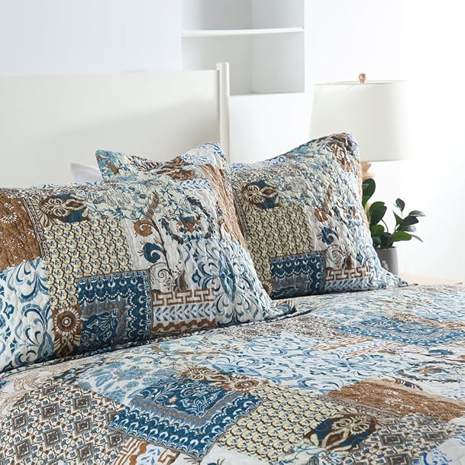 ENASAL Cotton Bedspread Quilt Bedding Sets Reversible Coverlet Comforters Blue Bohemian Rustic Floral Patchwork Pattern Bedspread for All Season,King Size