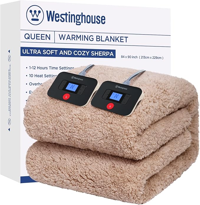 Westinghouse Electric Blanket Queen Size, Soft Plush Sherpa Heated Blanket with 10 Heating Levels & 1-12 Hours Auto-Off, Machine Washable, 84x90 inches, Camel