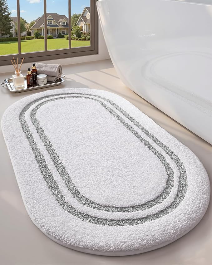 DEXI Oval Bath Mats for Bathroom, 24x43 Absorbent Bath Mat, Washable Microfiber Bathroom Rug with Non Slip Backing for Shower Floor, Light Grey