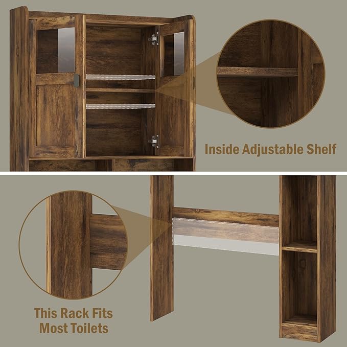 Vabches Over The Toilet Storage Cabinet, Bathroom Shelf Over Toilet with Glass Doors and Adjustable Shelves, Brown Freestanding Home Space Save Toilet Rack, for Restroom, Bathroom, Laundry