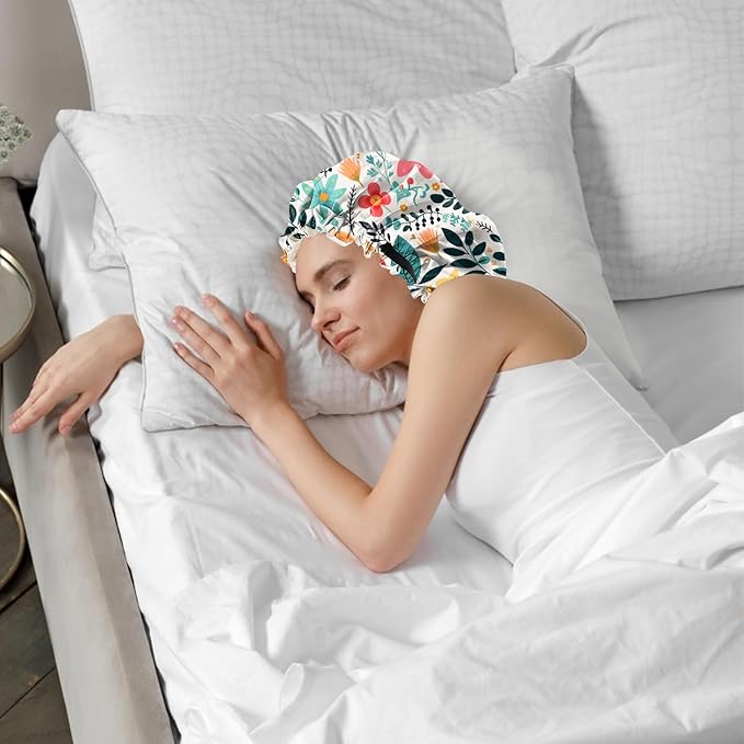 2 PCS Bonnets for Women Girls Satin Hair Bonnet Silk Adjustable Elastic Double Layer Hair Wrap Sleep Cap Comfort Cute-Flower