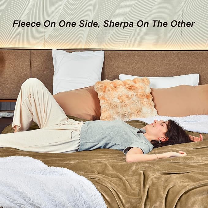 KAWAHOME Sherpa Fleece King Size Blanket for Bed - Extra Warm and Heavy Thick Blankets for Winter, Super Soft 500GSM Plush Blanket, 108" X 90" Camel