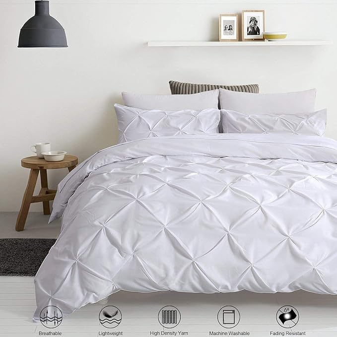 Pinch Pleated Duvet Cover Set 100% Brushed Microfiber 3PC Oversize Plus Size 128x120 Duvet Cover Set, Decorative Pinch Design White Duvet Cover with Matching Pillow Case