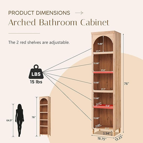 76" Tall Arched Bathroom Storage Cabinet, 5 Tiers Narrow Farmhouse Arched Cabinet w/Adjustable Shelves, Modern Wooden Storage Cabinet for Bathroom, Living Room, Entryway, Study Room (Natural)