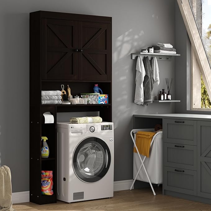 Furniouse Over The Toilet Storage Cabinet Bathroom Organizer with Barn Doors & Adjustable Shelf Rustic Over Toilet Storage Shelf for Bathroom, Espresso