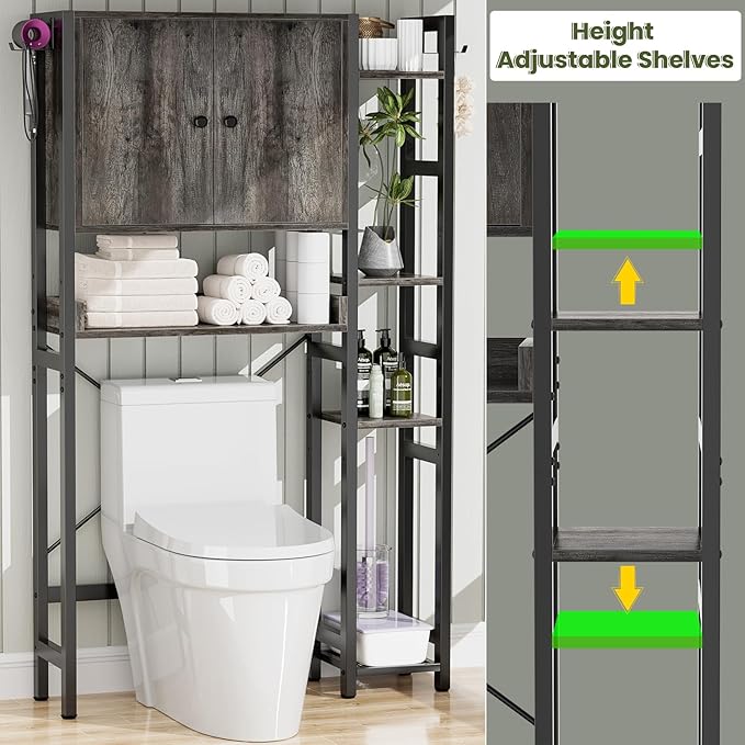 Over The Toilet Storage Cabinet with Doors - 7 Tier Bathroom Organizer with Adjustable Shelf, Freestanding Space Saver Rack Above Toilet Stand with 4 Hooks for Bathroom, Restroom, Laundry, Grey Oak