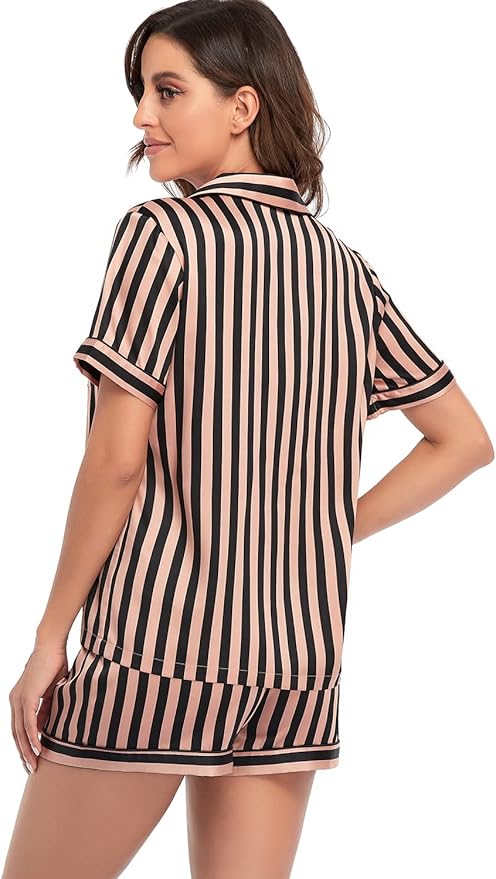 Women's Satin Pajama Set 2-Piece Sleepwear Loungewear Button Down Short Sleeve Silky PJ Set