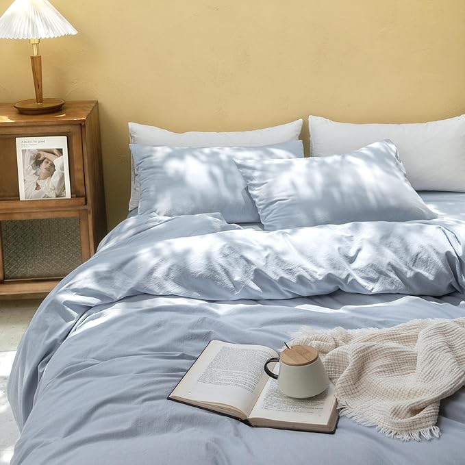 FOSSA Duvet Cover Set 100% Washed Cotton Linen Feel Super Soft Breathable Cozy 3 Pieces Bedding Sets Solid Cornflower Blue Queen