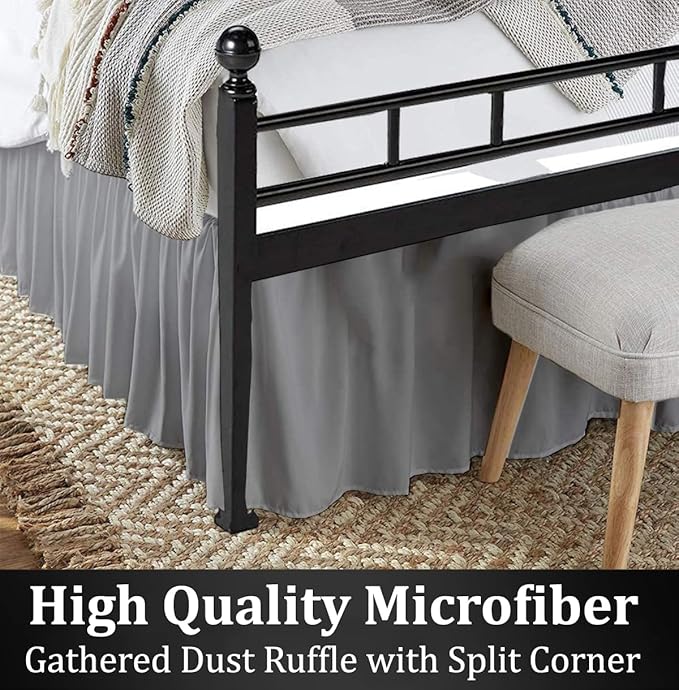 Ruffled Bed Skirt with Split Corners, Light Grey, King 21 Inch Drop Bedskirt, Hotel Quality Brushed Microfiber Wrinkle Free Dust Ruffle Bed Skirt King Size