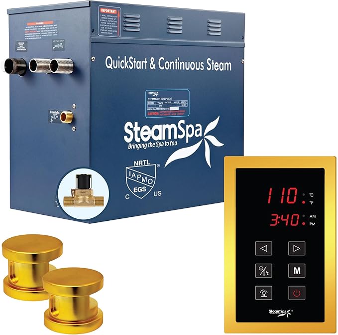STEAMSPA 10.5kW Steam Sauna Generator Sentry Series 240V Steam Generator with Touch Screen, Steamhead, Built-in Steam Shower Auto Drain, ACU Quickstart Steam Bath Generator (Gold)
