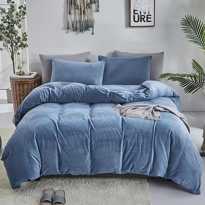 Cottonight Blue Velvet Comforter Set Queen Blue Flannel Bedding Set Queen Size Winter Blanket Quilts Modern Heavyweight Warm 3 Piece Velvet Comforter Set