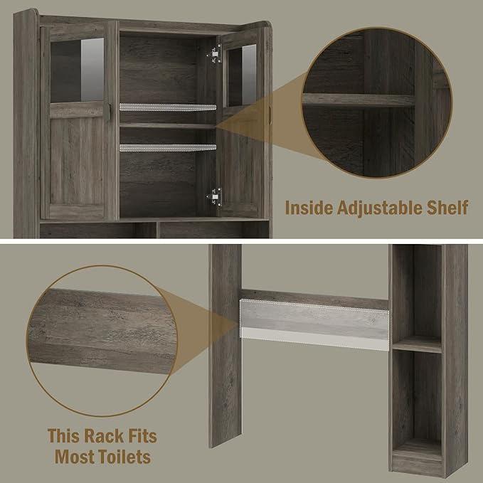 Vabches Over The Toilet Storage Cabinet, Bathroom Shelf Over Toilet with Glass Doors and Adjustable Shelves, Grey Freestanding Home Space Save Toilet Rack, for Restroom, Bathroom, Laundry