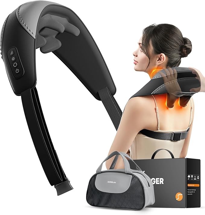 Shiatsu Neck and Shoulder Massager with Heat for Pain Relief Deep Tissue, Portable Massagers for Neck and Back, Gifts for Men and Woman (Black with Leather Handbag)