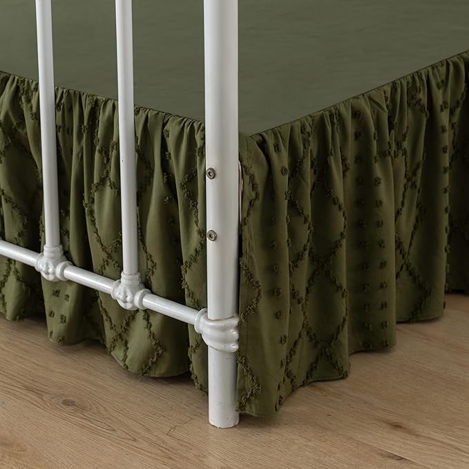 Bed Skirt Full Size Ruffled Bed Skirt with Split Corners, 16 Inch Drop Dust Ruffle Bed Skirts with Platform, Boho Tufted Shabby Chic Full Size Bed Skirts, Olive Green