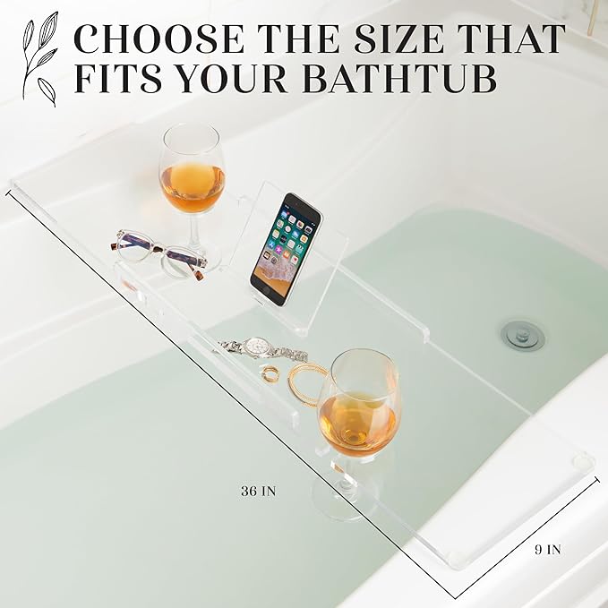 36" Supreme Plus- Luxury Bathtub Tray Caddy- 3/8" Thick, Clear Bath Tub Tray Table for 1 or 2 Bathers, Acrylic Bathtub Caddy, iPad and 2 Wine Glass Holders (Supreme Plus, 36")