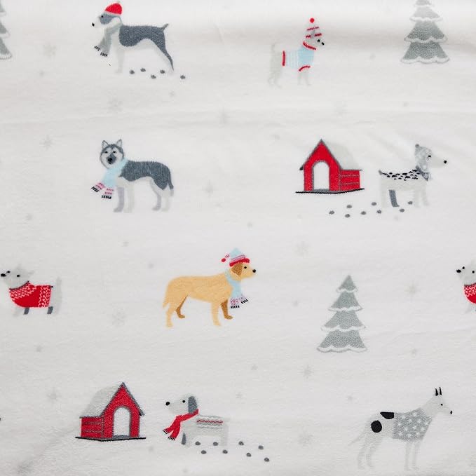 Fleece/Sherpa Christmas Throw - Super Soft Holiday Printed Blanket for Couch, Chair, or Bed - Cozy, Luxurious Plush - 50" x 60", Pups in The Snow