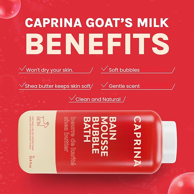Caprina Fresh Goat’s Milk Bubble Bath, 1L, Hydrating Relaxing Foam Bath, Moisturizing and Gentle on Skin, Made in Canada (Shea Butter)