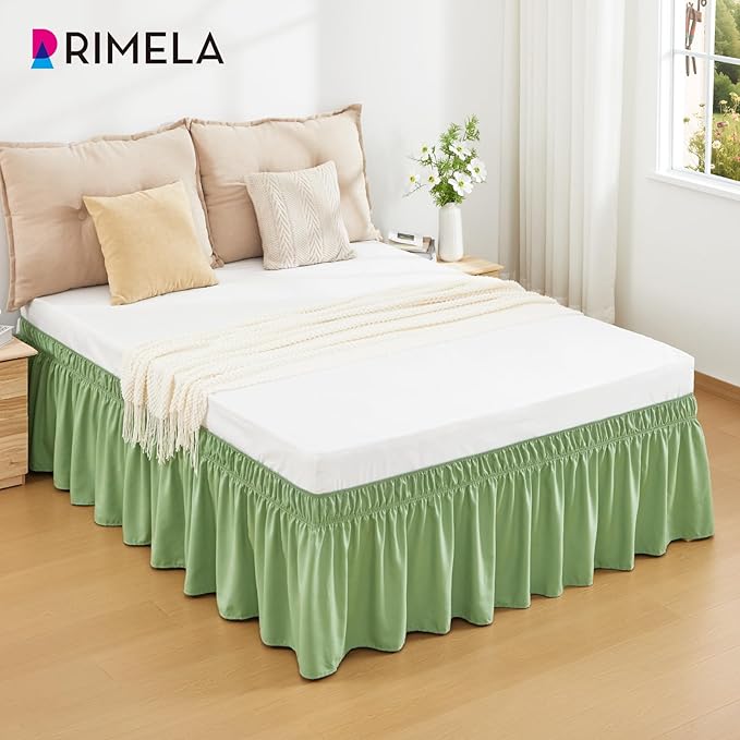 RIMELA Light Green Bed Skirt King Size 15 Inch Drop, Elastic Bed Skirting for Bed Base and Frame, Bedding Dust Ruffle Easy to Install, Lightweight Wrap Around Adjustable Bedskirt