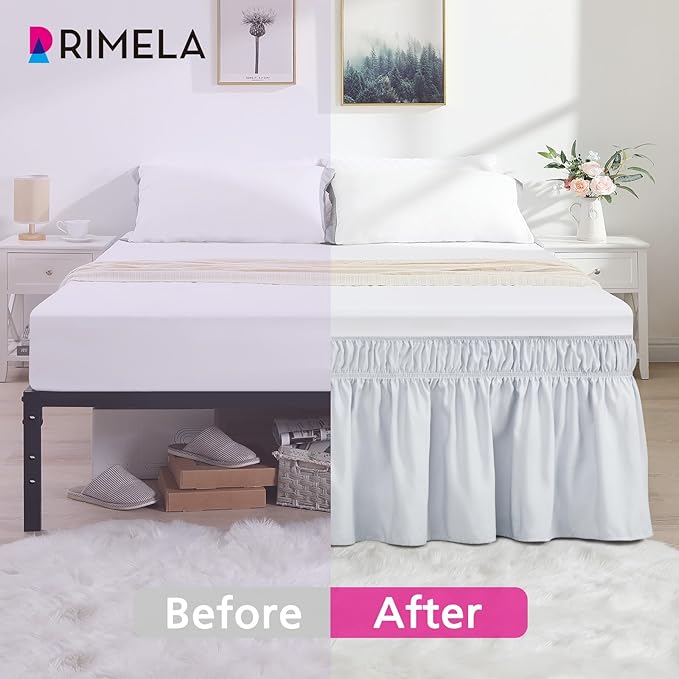 RIMELA Ice Grey Bed Skirt King Size 15 Inch Drop, Elastic Bed Skirting for Bed Base and Frame, Bedding Dust Ruffle Easy to Install, Lightweight Wrap Around Adjustable Bedskirt