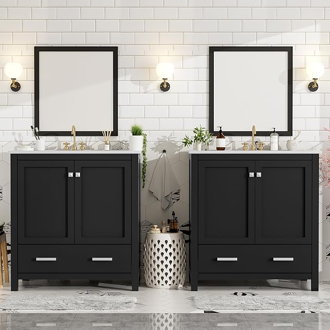 60" Bathroom Vanity Set with Double Vanities, Double Ceramic Sinks, Storage Shelf, Soft Closing Doors, Divided Drawers (Mirror not Included), Large Bathroom Vanity Sink Set (Black)