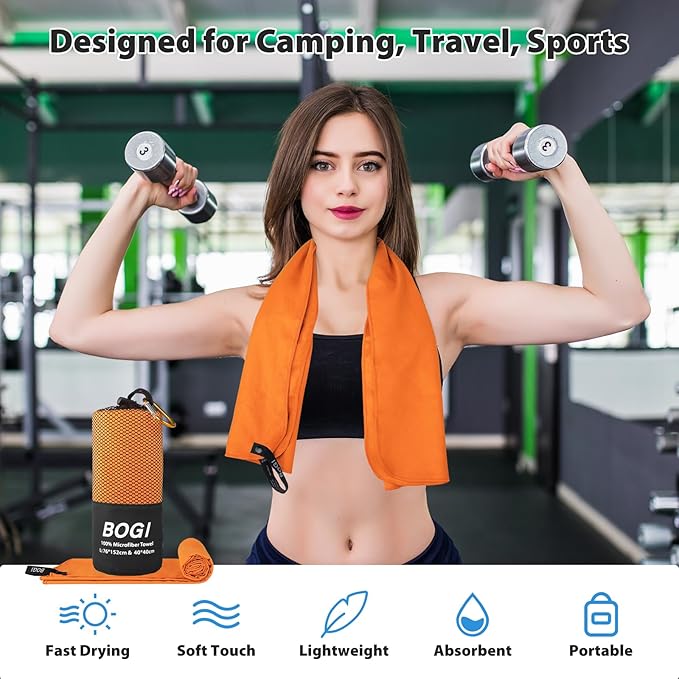 BOGI Microfiber Travel Sports Towel-Quick Dry Towel, Soft Lightweight Microfiber Camping Towel Absorbent Compact Travel Towel for Camping Gym Beach Yoga Swimming Backpacking (S:16''x32'',2Pcs-Orange)