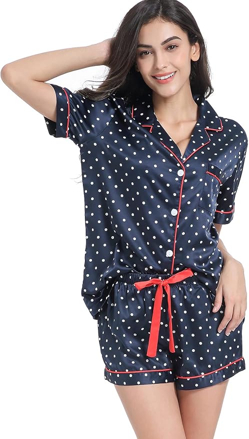Women's Satin Pajama Set 2-Piece Sleepwear Loungewear Button Down Short Sleeve Silky PJ Set