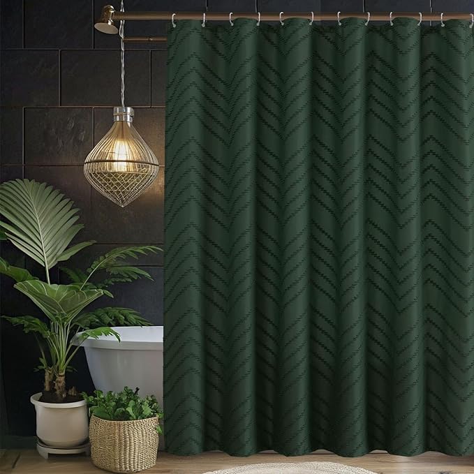 84inch Extra Long Dark Green Boho Shower Curtain Woven Fabric Shower Curtain Tufted Chervon Textured Shower Curtains Minimalist Shower Curtains for Bathroom