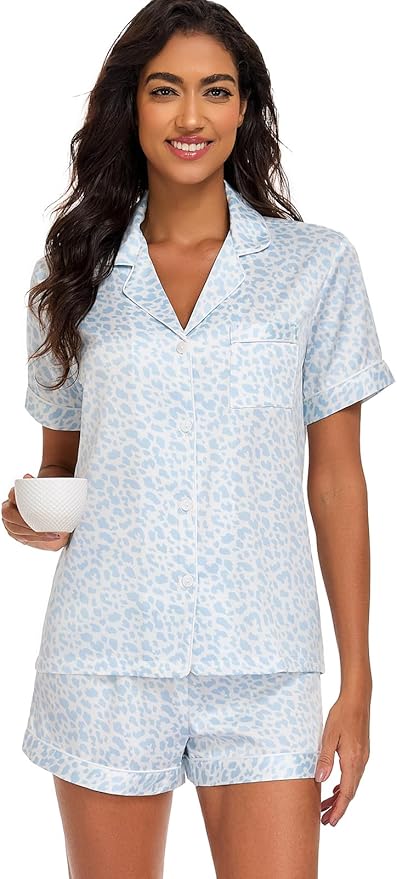 Women's Satin Pajama Set 2-Piece Sleepwear Loungewear Button Down Short Sleeve Silky PJ Set
