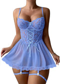 Lilosy Sexy Garter Belt Mesh Lace Babydoll Lingerie Dress Set with Thong
