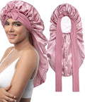 AWAYTR Long Satin Bonnet for Sleeping - Double Layer Reversible Silk Bonnet for Long Hair Women Sleeping Cap with Tie Band
