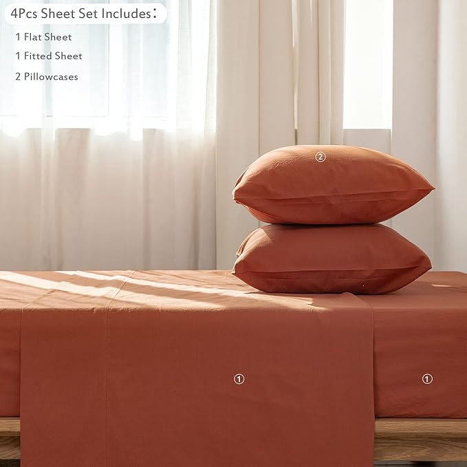 MooMee Bedding Sheet Set 100% Washed Cotton Linen Like Textured Breathable Durable Soft Comfy (Solid Rust Brown, Twin XL)