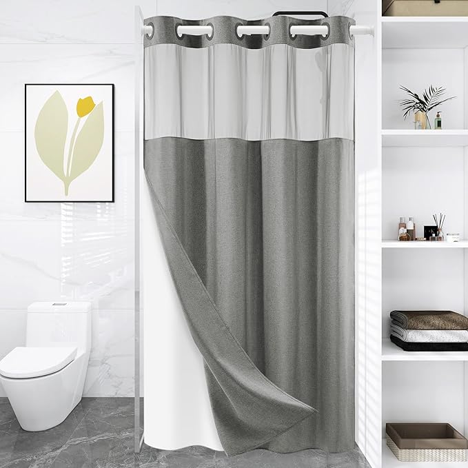 Small No Hook Shower Curtain with Snap in Liner, Polyester Textured Shower Curtain with Liner Set, Waterproof Washable Hotel Style Shower Curtains for Bathroom, 54Wx80H, Grey