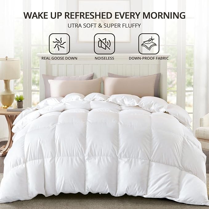 Globon Winter White Goose Down Comforter Queen Size,Down Duvet Insert,800 Fill Power,420 Thread Count Ultra Soft Noiseless Shell with Corner Tabs,White